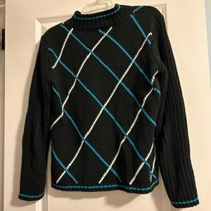 Liz Claiborne Sweater Size Med Black Argyle Knitted Mock Neck Pullover